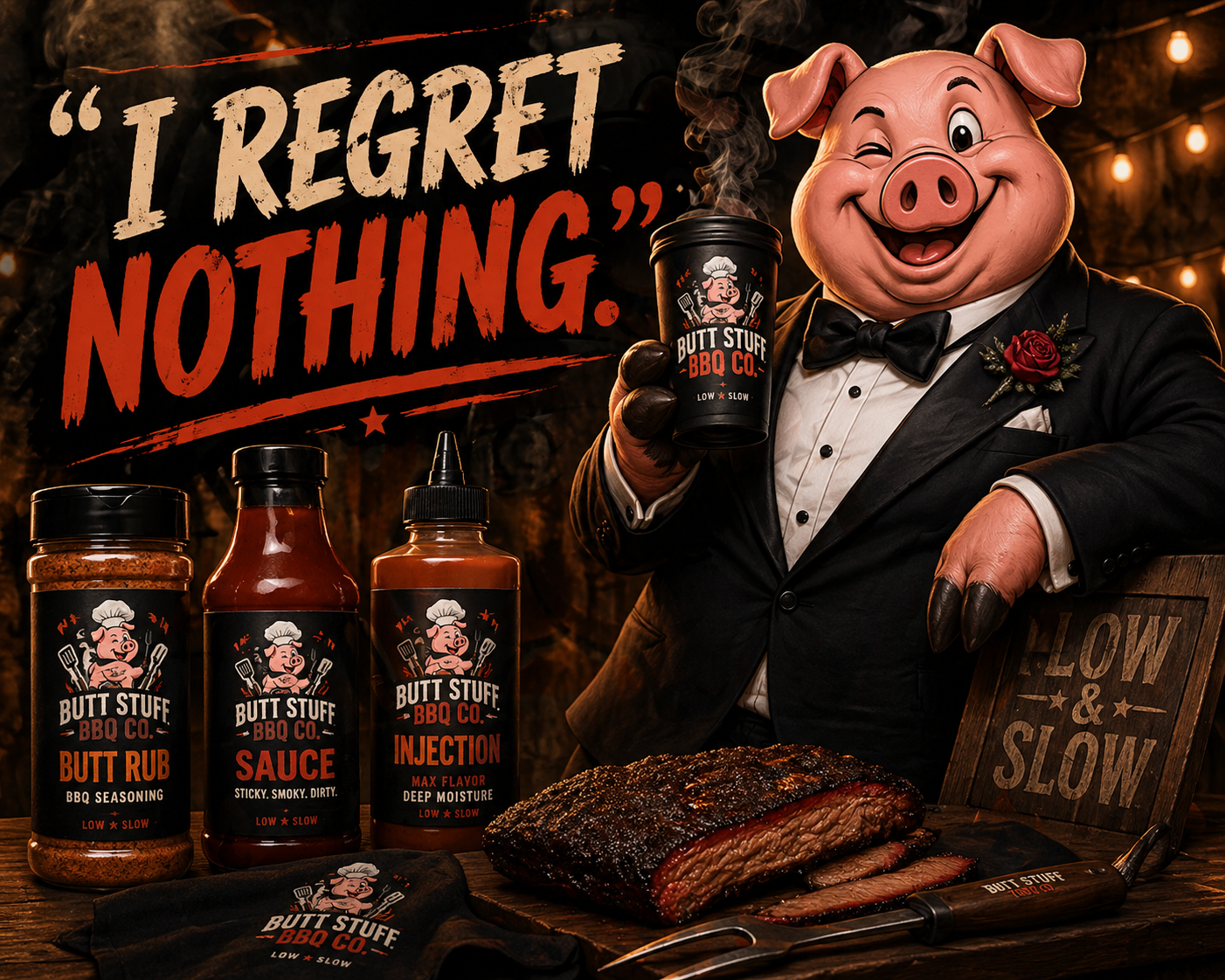 A tuxedoed pig mascot beside Try Butt Stuff BBQ Co. products with the words I regret nothing.
