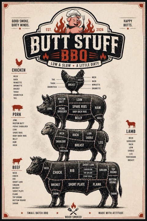 Butt Stuff BBQ butcher cuts chart — chicken, pork, lamb, and beef cut diagrams stacked.