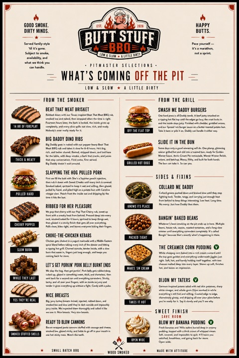 What's Coming Off the Pit — Butt Stuff BBQ pitmaster selections menu poster.