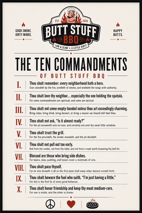 The Ten Commandments of Butt Stuff BBQ poster — letterpress-style rules for the cookout.